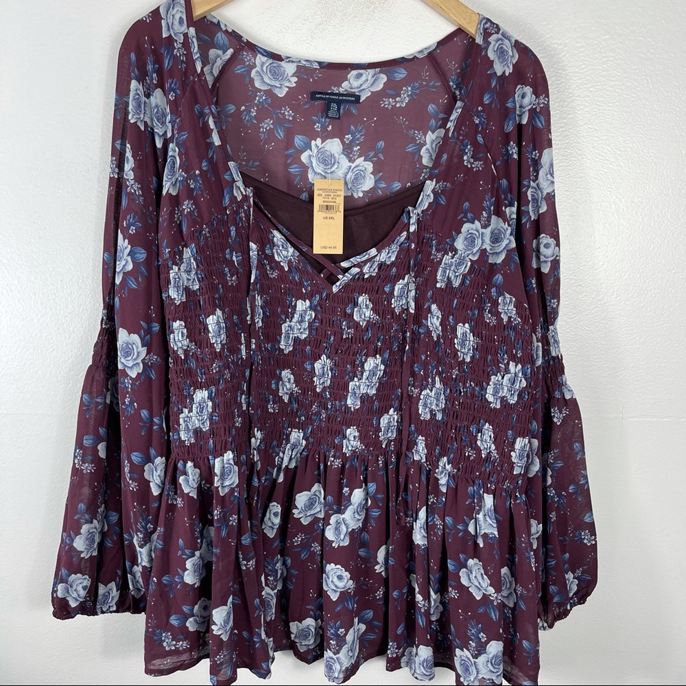 American Eagle Ruched Floral Blouse + Tank Blouson Sleeve NWT 2XL